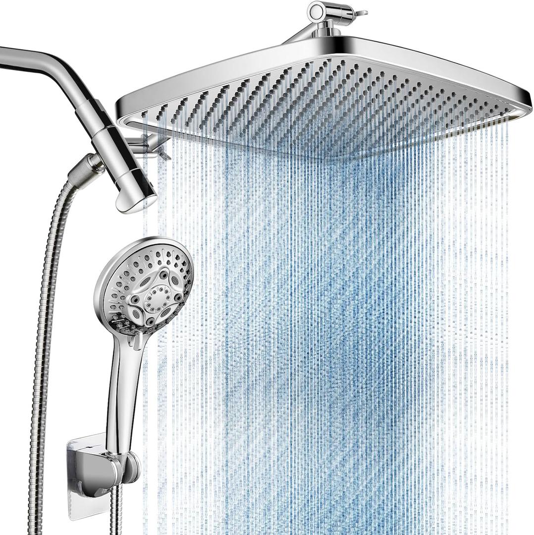 Cobbe 12'' Rain Shower Head with Extension Arm - Dual Shower Heads with 8 Modes Handheld Spray Combo - Wide RainFall shower with Anti-Clog Nozzles, Adhesive Showerhead Holder, Chrome