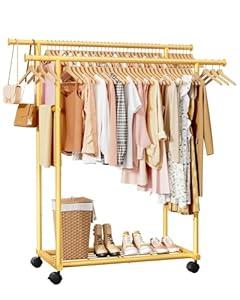 Sakugi Metal Clothes Rack - Double Rod Clothing Rack with Fixed Design and Rolling Wheels, Coat Rack with Built-In Shelf for Closet Organizers and Storage (38.5" x 16.9" x 59.0", Gold)