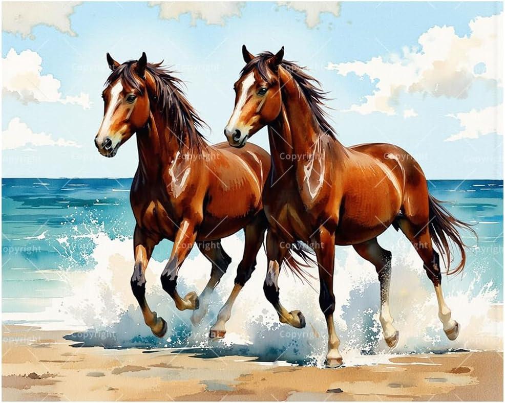 Animal Paint by Numbers Kit for Adults - DIY Brown Horses by Seaside Painting on Canvas, Acrylic Paint Set, Suitable for Beginners, Art for Home Decoration or Gifts(16X20IN Framed)