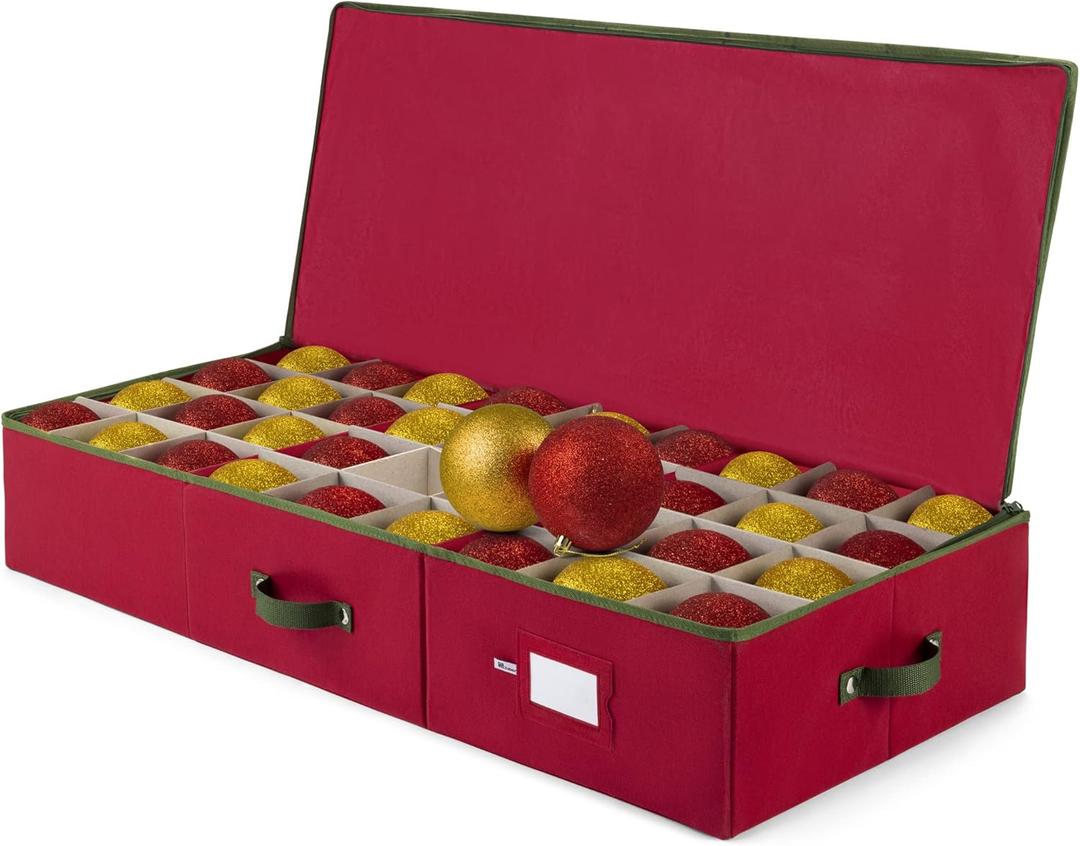 ZOBER Underbed Christmas Ornament Storage Box - Stores 72 Large 4" Ornaments, With Dividers - Tear Proof 600D Oxford Fabric, Ornament Organizer Storage Box, Durable Christmas Containers Holder - Red