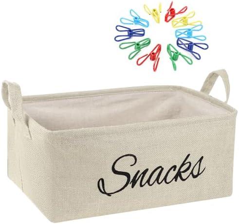 Newtay 17 Pcs Snack Basket Sets, Snack Storage Bin for Pantry Shelves with 16 Pcs 2 Inch Chip Clips, Basket Organizer for Kitchen, Chips, Popcorn, Candy, Pretzels (Cream-Colored, Burlap)