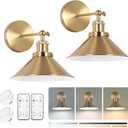 Battery Operated Wall Sconce Set of Two, Brushed Brass Battery Powered Wall Lighting Indoor, Cordless Metal Indoor Wall Lamp, Dimmable with Remote, Suitable for Living Room Bedroom Hallway (Gold)
