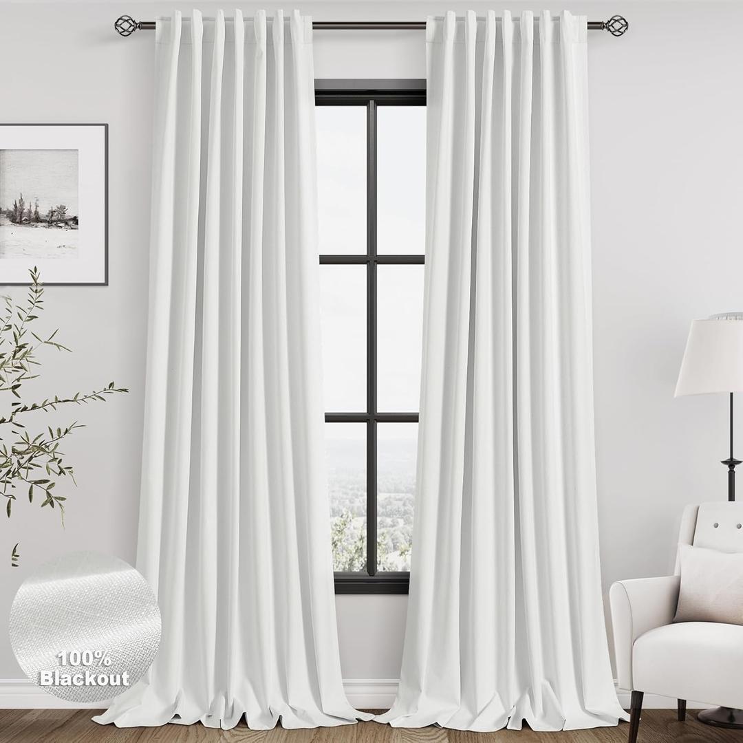Nanspring Off White Blackout Linen Curtains 108 Inches Long 2 Panels Set for Bedroom Extra Long Farmhouse Thermal Insulated Energy Saving Curtains for Living Room High Ceiling Length 9 FT 52x108 (52"W x 108"L (Pack of 2))