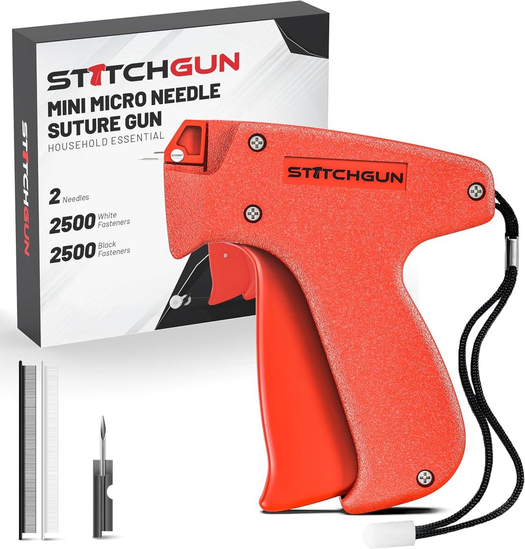 Stitch Gun Stitchy Gun Kit - Mini Micro Handheld Needle Stitching, Sewing, Hemming Stitch Gun for Clothes - Ergonomic Design, Protective Cap - Includes 5000 Fasteners, 2 Needles (Red)