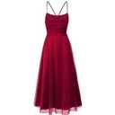 Women Backless Dress Sleeveless Elegance Mesh Ruffled Tie-Up Midi Dresses Flared for Party Wedding Evening Gown Wine Red L