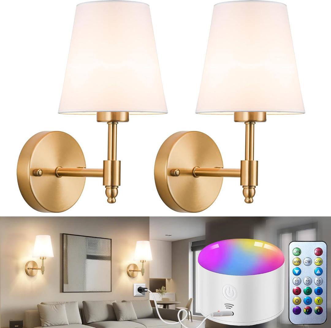 YHCDLAMP Battery Operated Wall Sconces Set of Two, Rechargeable Wireless Wall Lights with 10000mAh RGB Dimmable Detachable Bulb, Battery Sconces Wall Decor with Remote for Bedroom Living Room Hallway