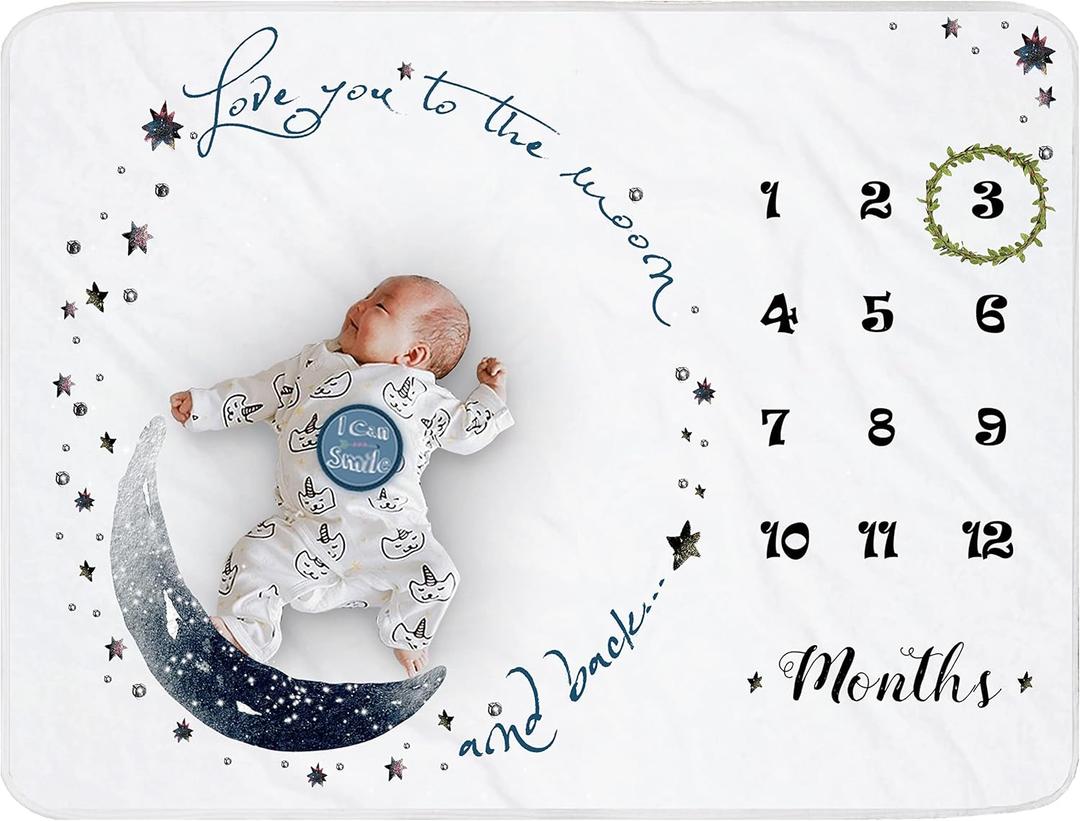 Moon Baby Monthly Milestone Blanket - Boy & Girl, Soft Plush Photo Prop, Wreath & 12 Stickers, Large 51''x40''