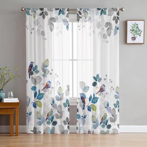 Blue Eucalyptus Sheer Curtains 84 Inches Long, Watercolor Bird Leaves Window Curtains Nature Botanical Light Filtering Rod Pocket Curtain Voile Drapes for Bedroom Living Room Each 52" W x 84" L