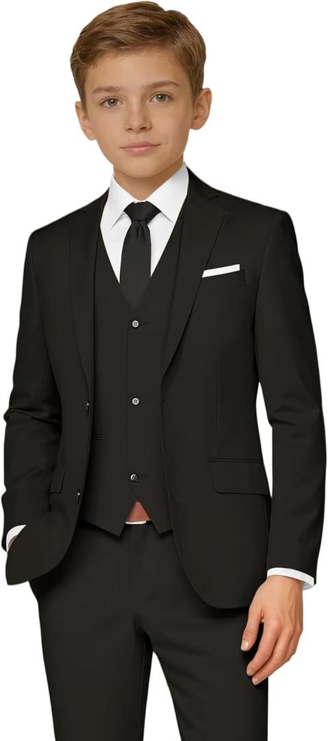 Boys Suits Kids Wedding Formal Suit Set Communion Tuxedo Easter Outfit 5 Piece Jacket Vest Pants Set with Shirt and Tie (Black, 14Y)
