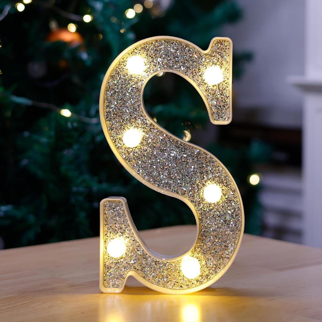 Marquee Light Up Letters, Glitter Silver LED Letter Lights Battery Powered Alphabet Letter Sign for Night Light Wedding Birthday Party Cafe Bar Decoration Girls Room Decor - S