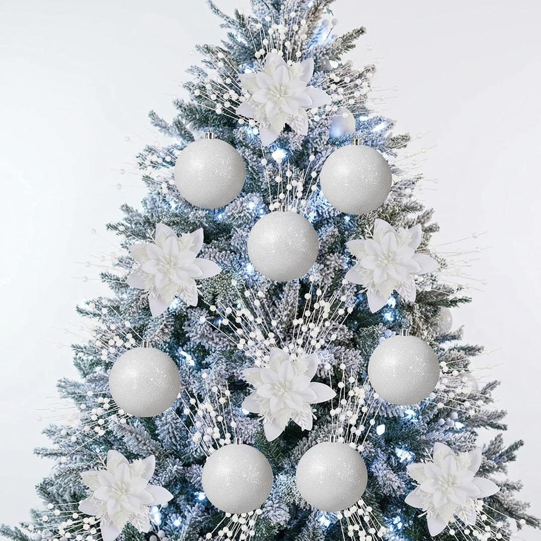 36 Pcs Large Glitter White Poinsettia Christmas Tree Decorations, 12 White Christmas Ornaments, 12 Berry Stems, 12 Poinsettia Artificial Flowers Glitter Holiday Ornament for Xmas Tree Decor