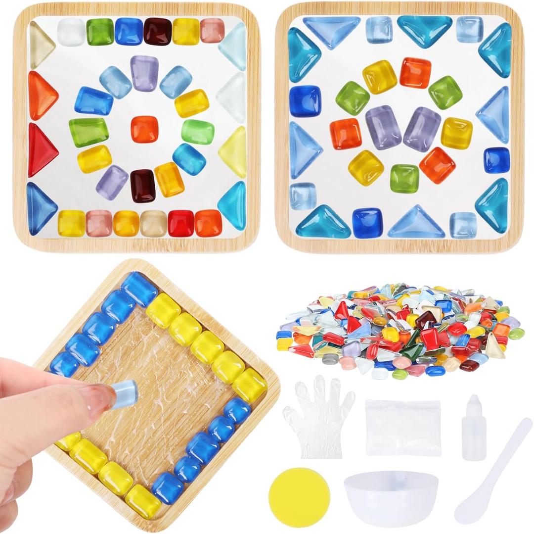 SAYAYA 4 Sets DIY Glass Mosaic Tiles for Crafts, Mixed Color Mosaic Kit with Wooden Coasters for Adults, Bamboo Coaster Materials Package for Arts & Crafts Handmade Home Decoration Gifts(Square Shape)