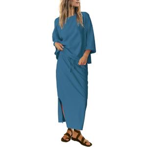 SENSERISE Womens 2 Piece Outfits Oversized Top and Maxi Skirt Set Summer Matching Sets Travel Vacation Outfits (Small, Dark Blue)