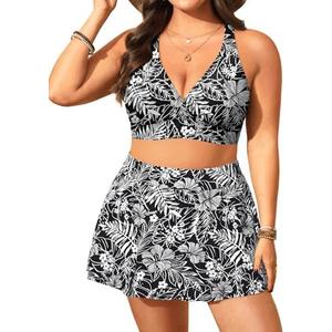 Women's Plus Size High Waisted Bikini - Two Piece Swimsuit with Skirt 2025 Tummy Control Bathing Suit with Pocket, Black Floral, 22W