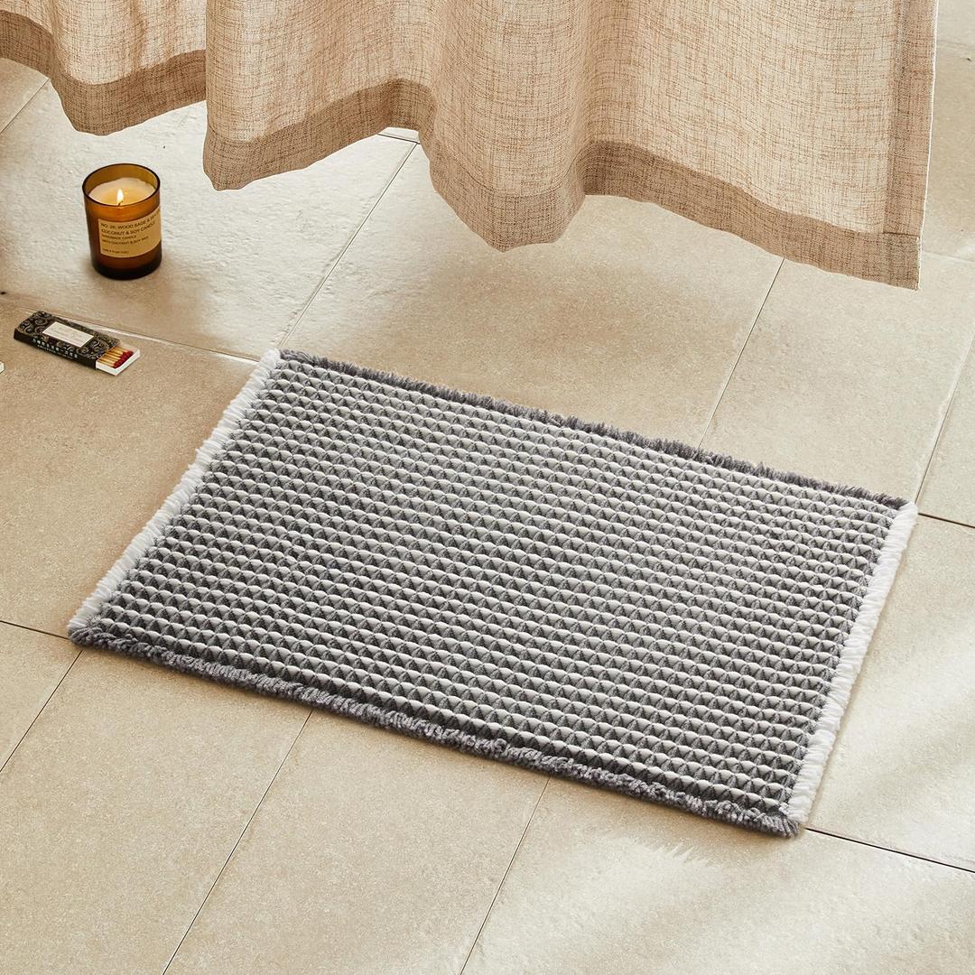 Waffle Bath Mat, Boho Bathroom Rugs Non Slip Washable Super Absorbent Quick Dry Bath Mat Farmhouse Bathroom Decor, 24"x16" Grey and White