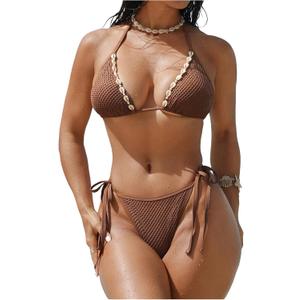 Women's 2 Piece Shell String Bikini Sets Backless Tie Side Triangle Swimsuit Boho Bathing Suit, L