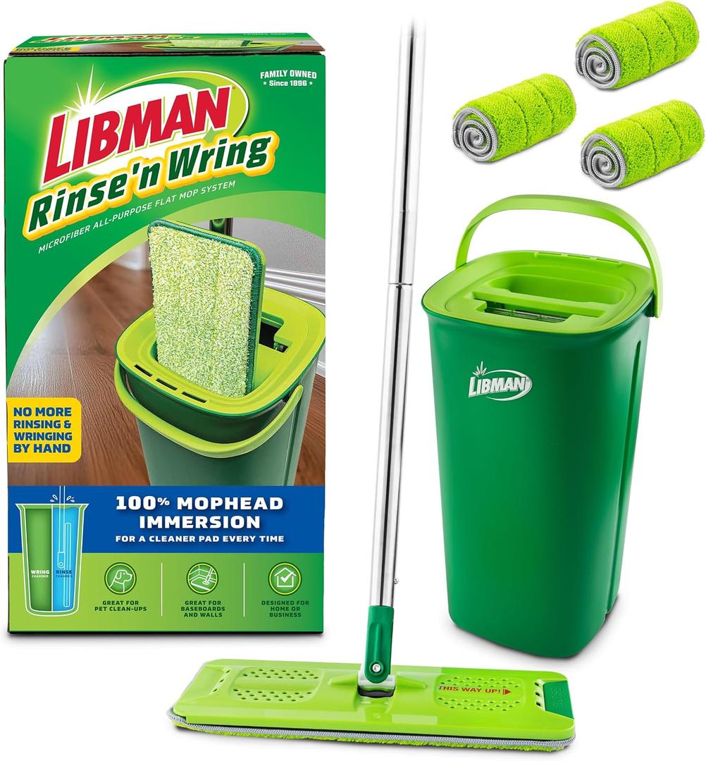 Libman Rinse 'n Wring Mop and Bucket System, 4 Microfiber Pads Included