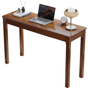 Solid Wood Desk with Drawers - 47 x 16 Inch Vintage Narrow Desks, Mid Century Modern Desks, Rubber Wood Study Table, Small Writing Desk for Bedroom|Small Spaces - Walnut Color, 47.2 in W x 15.7 in D