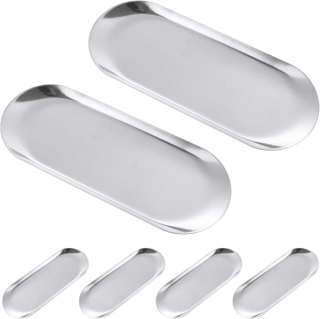 CYEAH Stainless Steel Decorative Tray Set of 6, Silver Decorative Tray 9 inch, Oval Jewelry Dish Bathroom Vanity Small Serving Trays Candle Holder, Stainless Steel Cosmetics Perfume Trays
