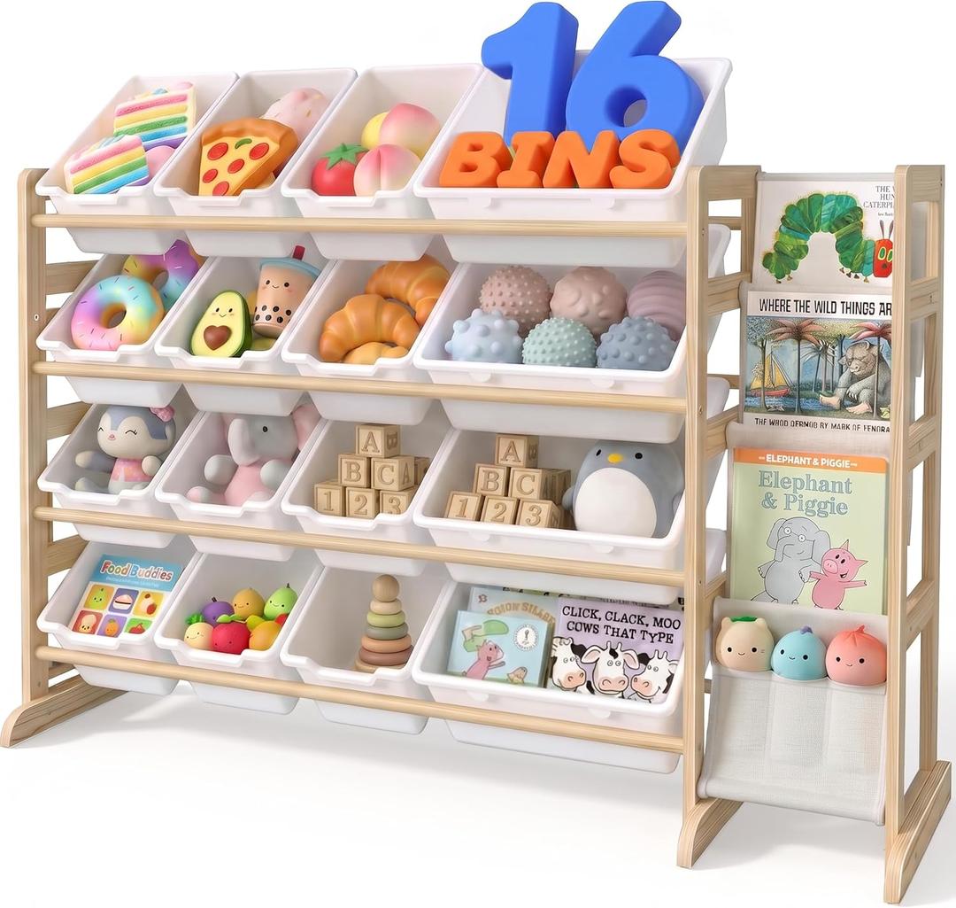 NUTIKAS Toy Storage Organizer with Bookshelf - Wooden 16 Bins Kids Toy Organizer Rack, Solid Pine Wood, Toys Box for Toddler, Playroom, Living Room, Bedroom, Nursery