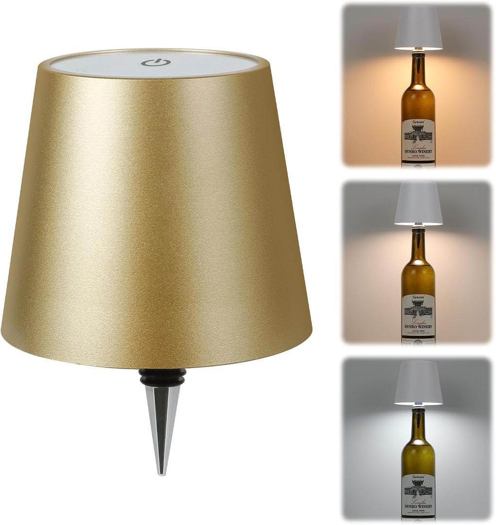 TTLYUGN Wireless Bottle Lamp,Wireless Liquor Bottle Lamps Shade for Any Bottle,Rechargeable 3 Color Stepless Dimming LED Wine Lights,Touch Control Desk Kit for bar & Restaurant - Gold