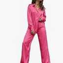 Satynova Women's Silk Satin Pajama Sets Long Sleeve,2 Piece Sleepwear with Button Down Top and Pants,Soft Loungewear Pink Size L