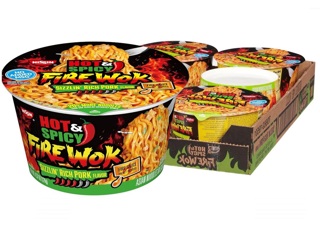 Nissin Hot & Spicy Fire Wok, Sizzlin' Rich Pork, 4.37 Ounce (Pack of 6) BB:  042126