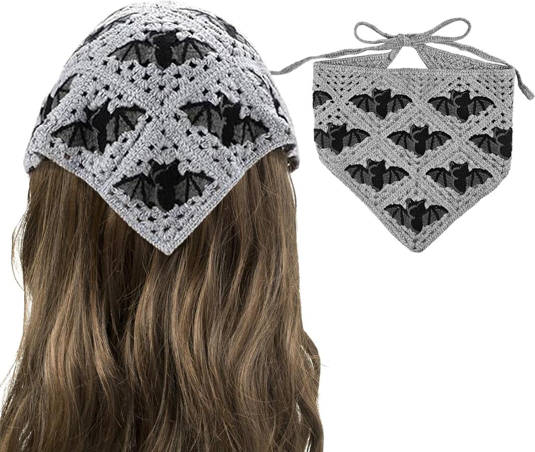 Goth Headbands Bat Pattern Bandana, Cotton Knit Triangle Headband for Women, Perfect for Halloween, Winter Holidays