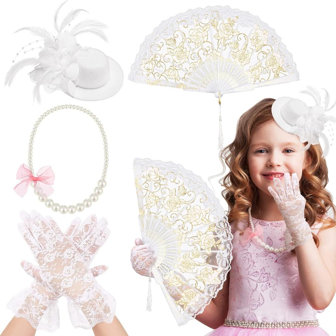 Sintege 4 Pcs Girls Tea Party Set Girls Tea Party Accessories Gloves Hats Necklace Fans for Toddler (White)