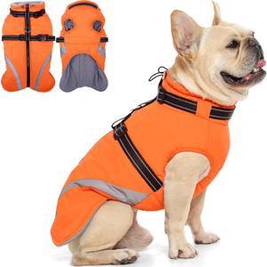 QBLEEV Dog Coat for Medium Dogs, Waterproof Dog Winter Coat with Built-in Harness and D-Ring, Zip Up Pet Cold Weather Coats with Fleece Lined, Warm Snowsuit Gear Vest for Pug Boston Terrier, Orange, Medium