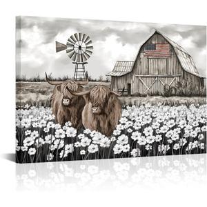 OuElegent Barns Wall Art Farmhouse Canvas Highland Cow Pictures Wall Decor To Hang For Living Room Wall Decoration (24''x36'')