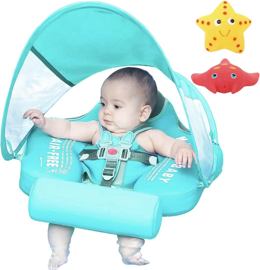 Mambobaby Float with Canopy Size Improved Non Inflatable Infant Baby Pool Float Smart Mambo Float Swim Trainer Add Tail Baby Swim Float Mambo Baby Float Solid Air Free Water Waist Swimming Ring (Dinosaur Green)