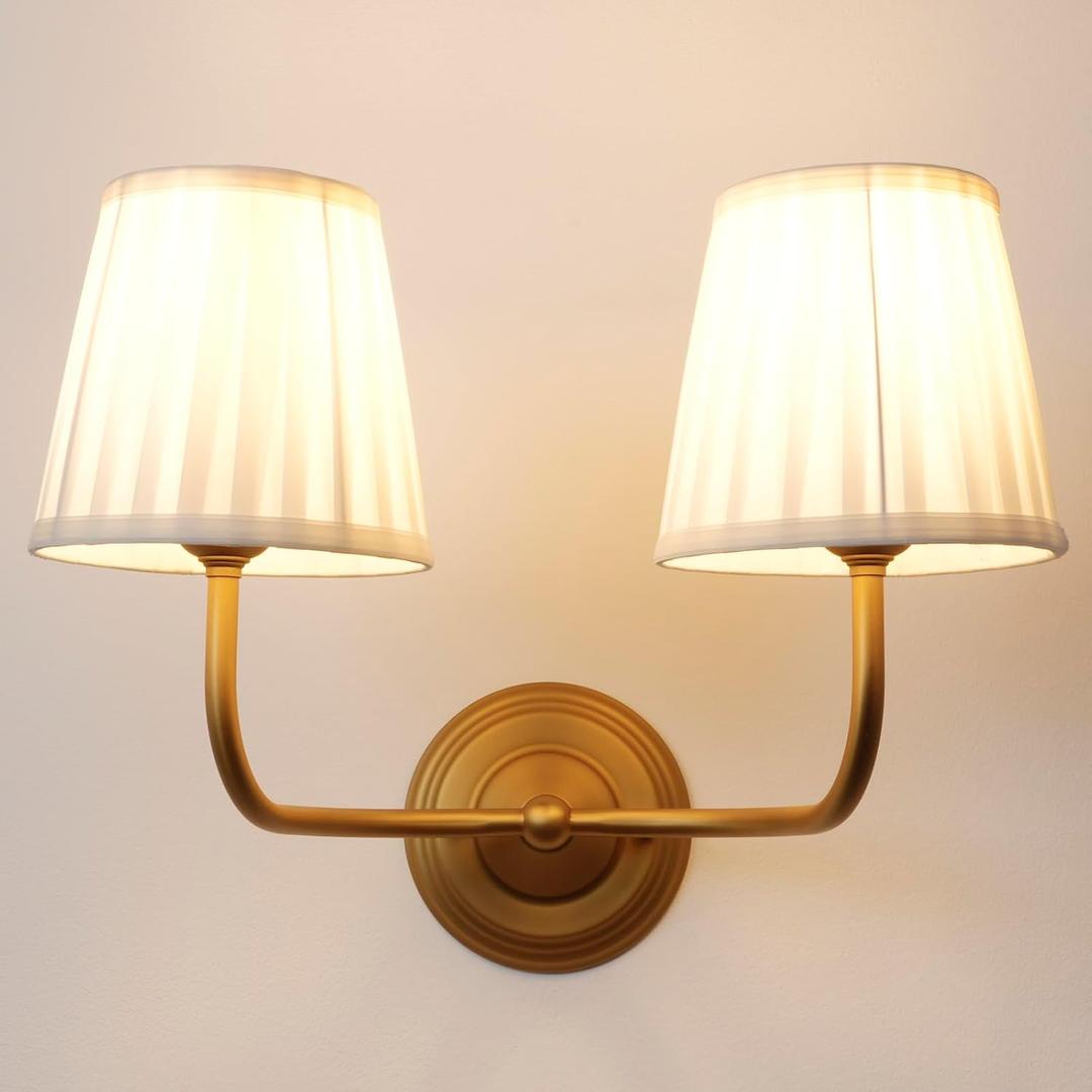 Vintage 2-Lights Fabric Wall Sconce with Cream White Pleated Cloth Shade, Industrial Double Arm Wall Lamp Fixture for Bathroom Bedroom Living Room Hallway