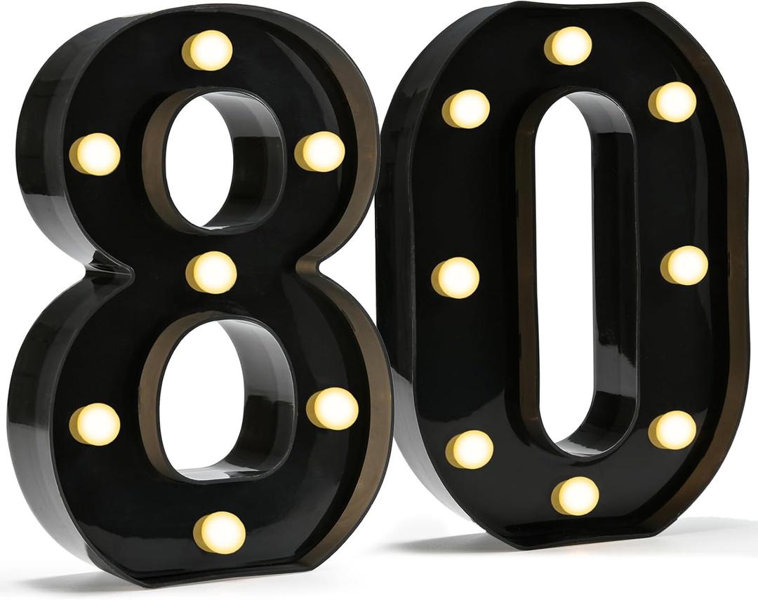 Pooqla Decorative Led Light Up Number Letters, Black Plastic Marquee Number Lights Sign for 80th Birthday Party Wedding Decor Battery Operated Black Decoration 80 (8.86 in)