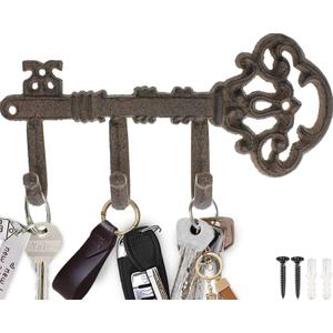 Comfify Decorative Skeleton Key Hook  Wall Mounted Cast Iron with 3 Hooks  Vintage Rustic Style  7.7" x 4.5"  Includes Screws and Anchors