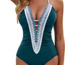 BMJL Women's Sexy One Piece Swimsuit Ruched Tummy Control Bathing Suit Plunge Color Block Swimwear (Medium, Dark Cyan)