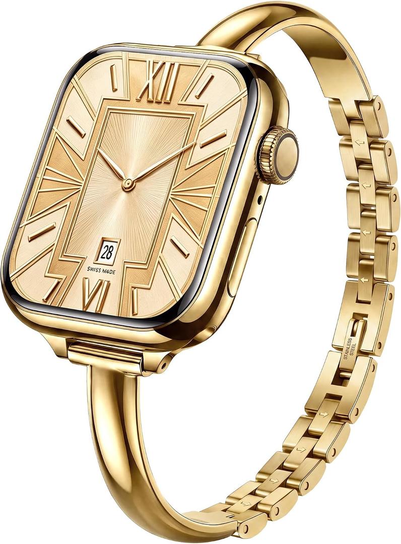 Slim Gold Bracelet Apple Watch Bands for Women(No Case) 38mm 40mm 41mm 42mm, 0.3 Inch Width Stainless Steel Thin Dressy Metal Band for iWatch 12/11/10/9/8/7/6/5/4/SE/3/2/1 Series Elegant Luxury Strap