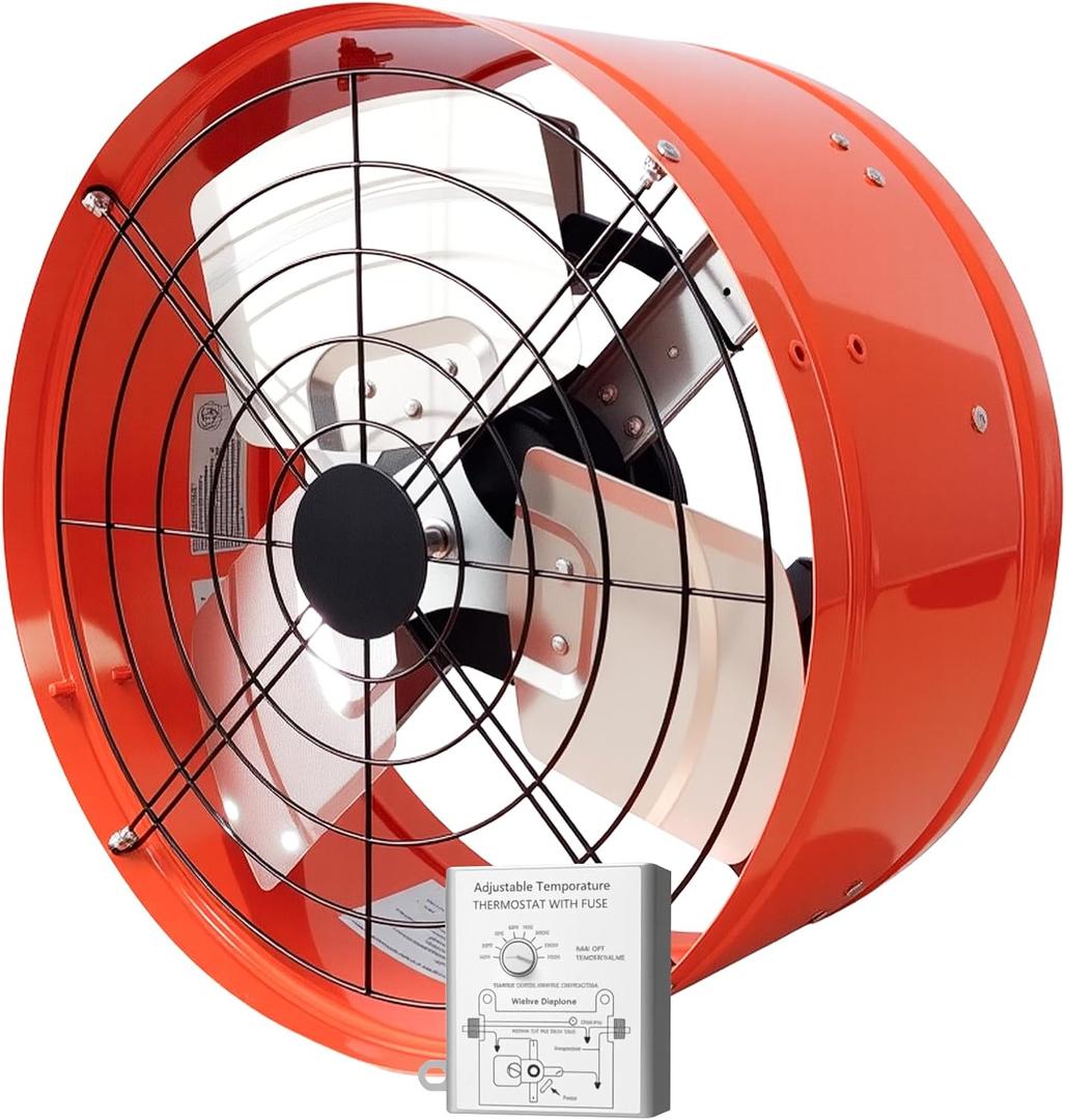 Professional Grade Attic Fan for Gable Vents | Power Attic Ventilator, 120V 60-Hz Motor and 15-Inch Blade | Quiet Home Attic Fan 1650 CFM, Adjustable Thermostat(Orange)