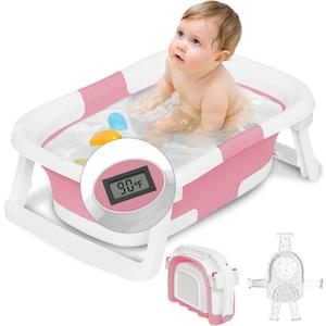Collapsible Baby Bathtub,Baby Bath Tub with Soft Cushion & Thermometer,Baby Bathtub Newborn to Toddler 0-36 Months,Portable Travel Baby Tub (Dark Pink)
