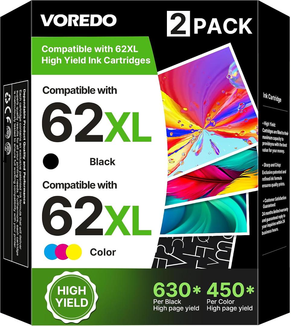 62XL Ink Cartridges Black and Color Compatible for HP Ink 62 XL 62XL Work for Envy 5540 5643 5542 5544 5545 5640 5642 5660 5665 7640 7645 8000 Officejet 5740 5741 5742 5743 5744 5745 Printer (2 Pack)