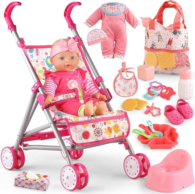 YIYBM Baby Doll with Stroller Set with 12.5" Baby Dolls, Handbag, 2 Sets Doll Clothes and 16 PCS Doll Accessories. Baby Stroller Toys for Toddler Girls Kids Ages 35 46 for Pretend Play.