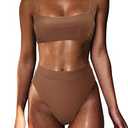 MOSHENGQI Women High Waisted High Cut Bikini Push Up Bandeau Swimsuits (M, Brown)