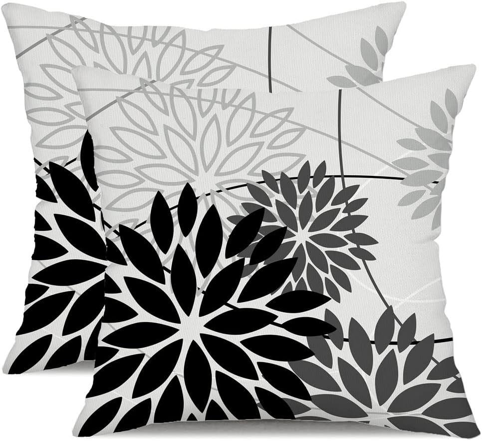Black Grey Floral Pillow Covers 18x18 Set of 2 Outdoor Waterproof White Colored Decorative Throw Pillows Summer Pillowcase Polyester Cushion Case Decor for Couch Patio Furniture Garden Porch 01L18
