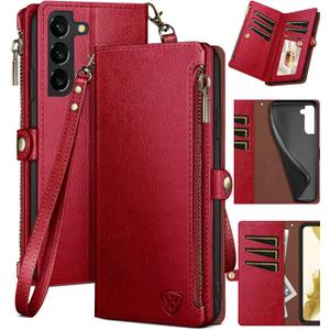 XcaseBar for Samsung Galaxy S22 Plus Wallet case with Zipper Credit Card HolderRFID Blocking, Flip Folio Book PU Leather Phone case Shockproof Cover Women Men for S22 Plus case Red