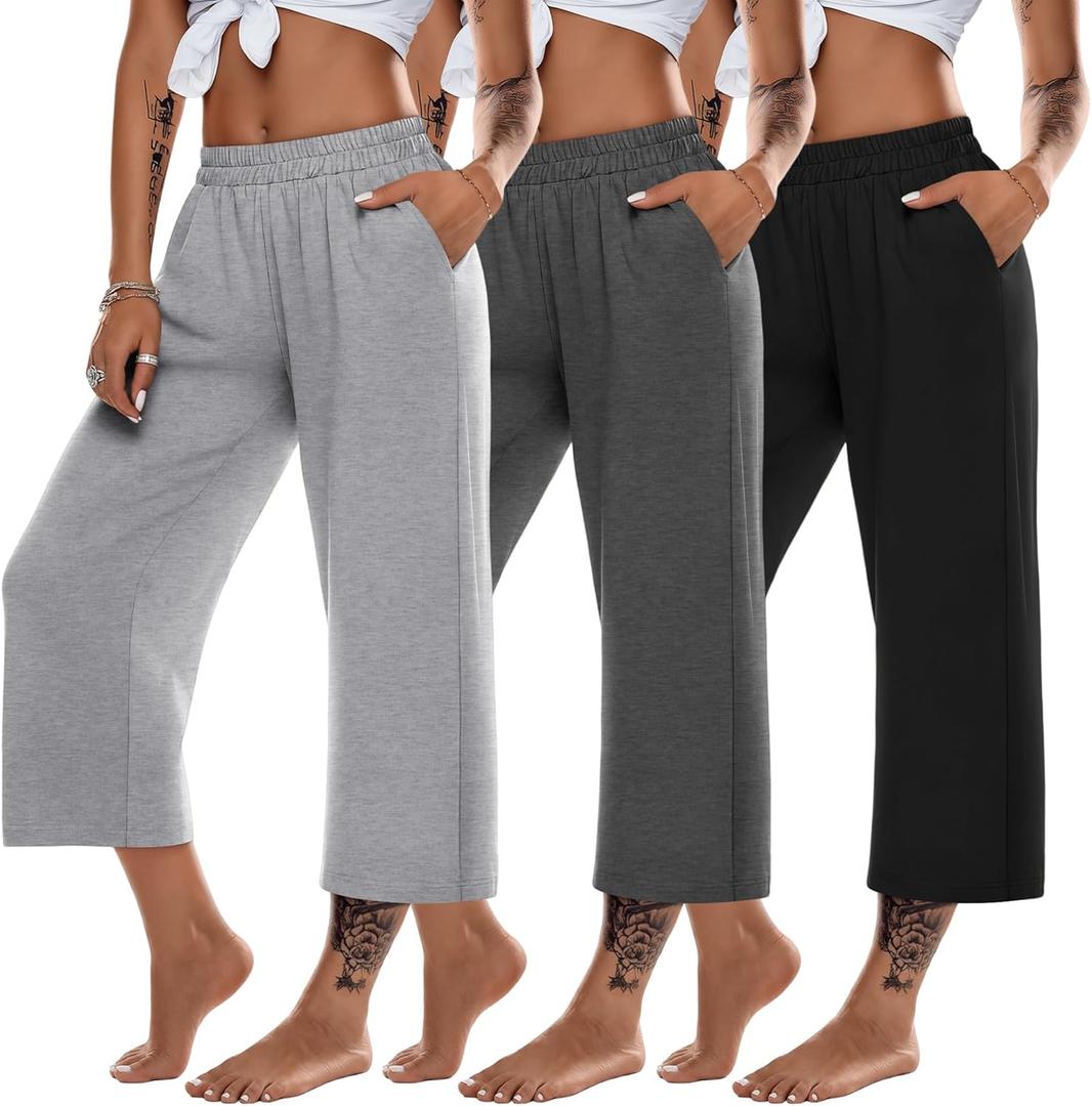 3 Pack Women's Capris Pants Wide Leg Sweatpants Loose Yoga Crop Pants Elastic Casual Soft Capri with Pockets (Large, Black, Dark Gray, Light Gray)