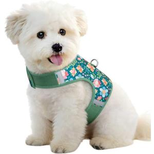 Dog Harness for Small Sized Dog,Hook-and-Loop Easy On/Off, Reflective Adjustable Soft Mesh Vest for Puppy (Green Floral Print,M) (M(Neck:12.5-14.4",Chest:18.7-21.0"))