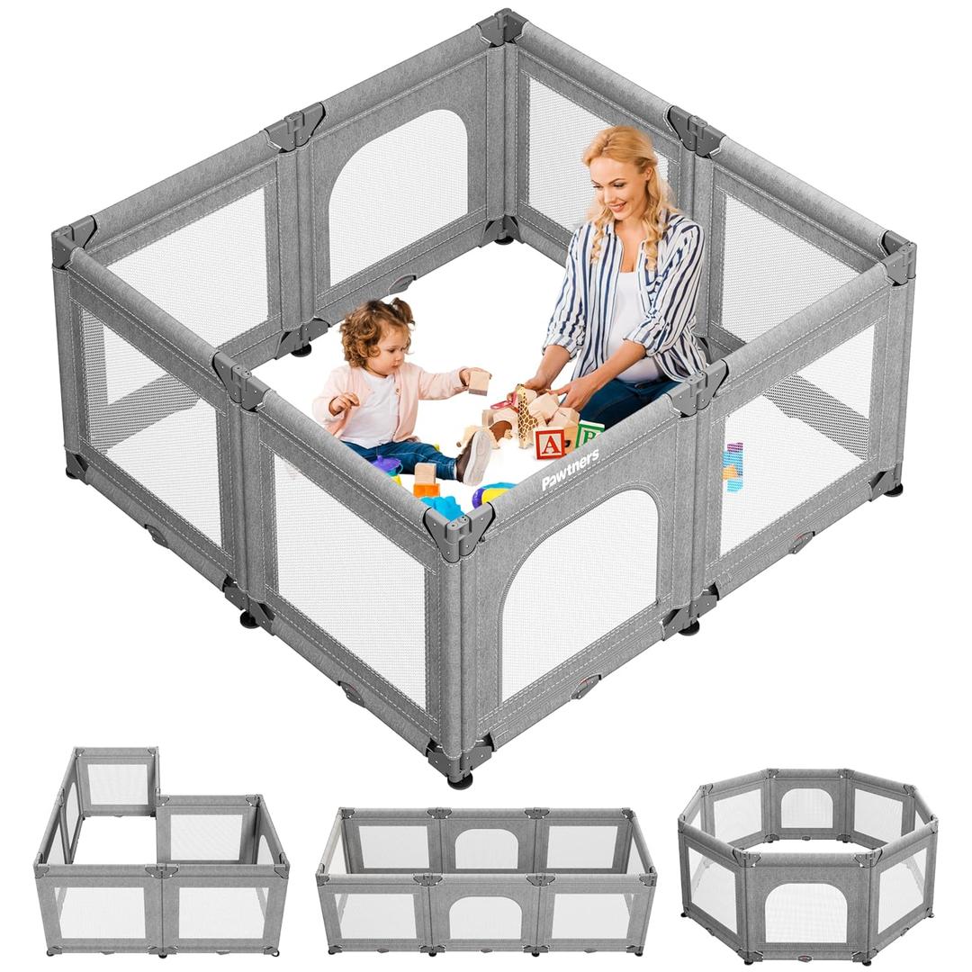 Portable Playpen for Babies and Toddlers with Foldable Adjustable Shape & Size, 56" L x 56" W x 28" H, 21 Square Feet, Baby Fence (Grey Without Mat)