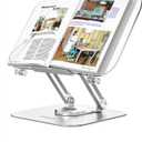 ACIsland Acrylic Book Stand for Reading-Adjustable Holder with 360 Rotating Base & Page Clips- Foldable Desktop Ricer for displaying Cookbook-Sheet Music-Laptop-Recipe-Textbook-Hands Free-Aluminium (Transparent)
