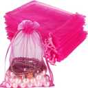 HRX Package Hot Pink Organza Bags 100pcs, 5 x 7 inch Mesh Drawstring Gift Bags Jewelry Pouches Small Sachet for Christmas Candy Party Favor