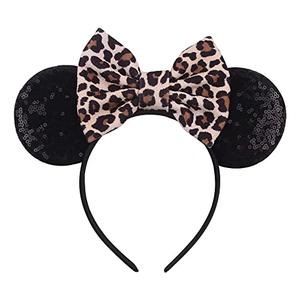 Foeran Mouse Ears Headbands Shiny Bows Mouse Ears Glitter Party Princess Decoration Cosplay Costume for Girls Women (Leopard)